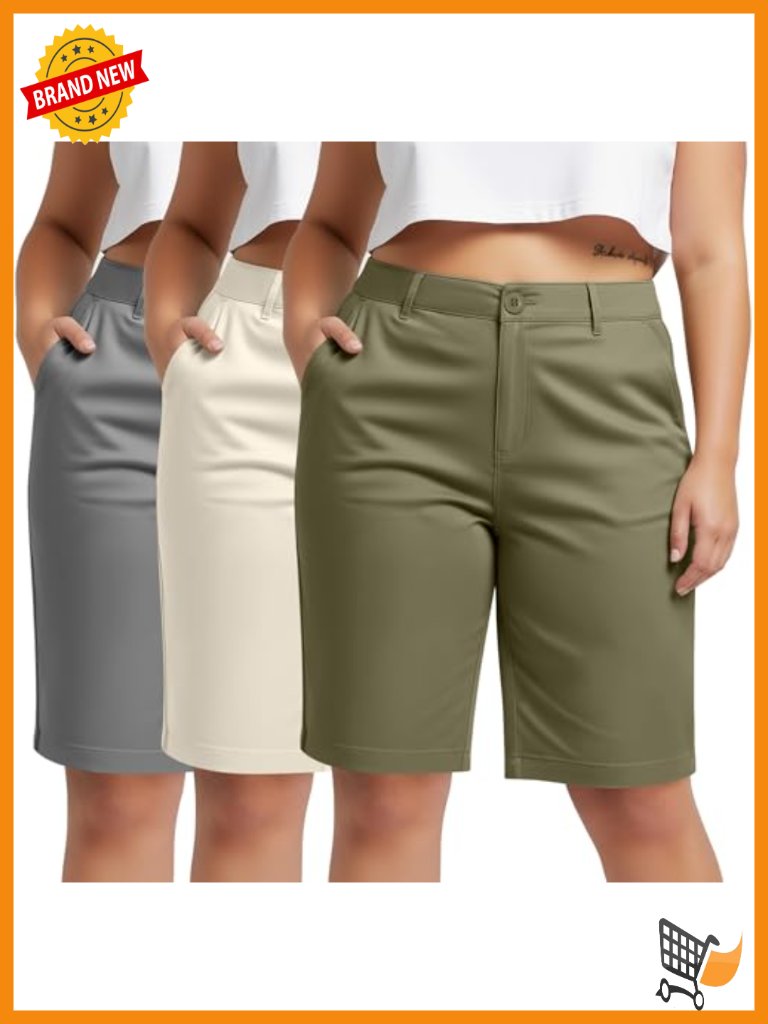 Plus Size Bermuda Shorts 3-Pack High Waist Straight Fit With Pockets Zip
